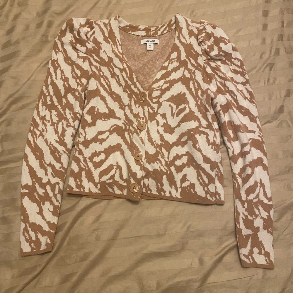 Nine West Tan White Zebra Stipe Puff Sleeve Cardigan Size Extra Small